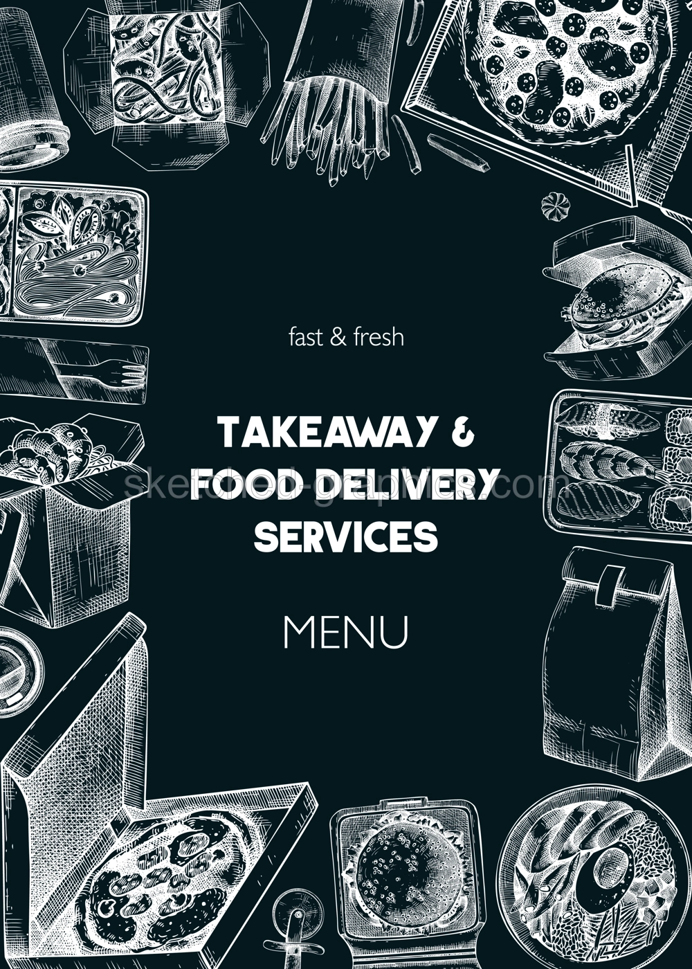 Engraved fast food restaurant flyer. Hand-drawn vector illustration on chalkboard. Burger, pizza box, paper bag, coffee cup sketch. Takeaway food or delivery menu design, poster template Illustration